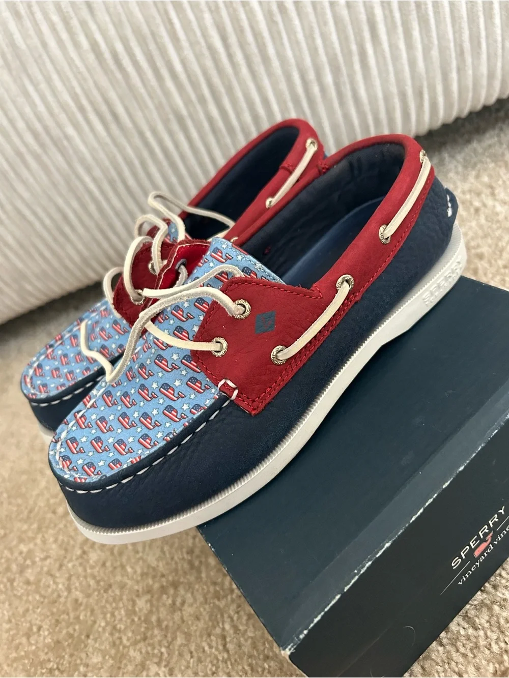 Sperry Kids Red, Navy & Light Blue Patterned Moccasins